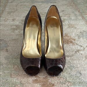 Enzo Angiolini Brown Patent Peep-Toe Pumps